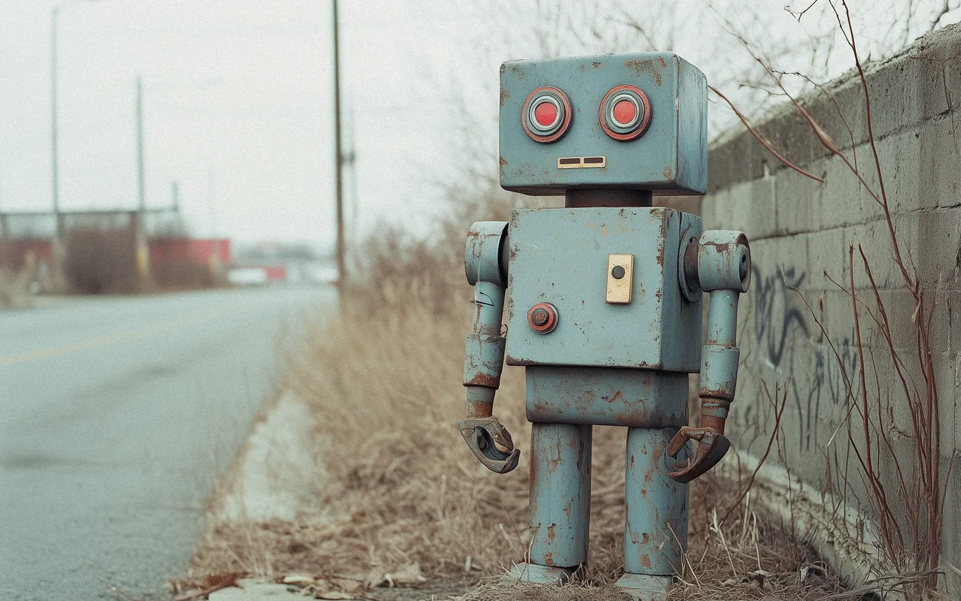 A rusted toy robot standing alone at the side of a road