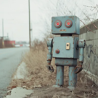 A rusted toy robot standing alone at the side of a road
