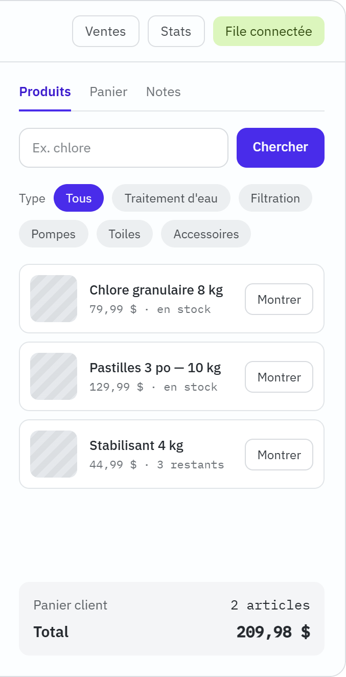 Panier du client rempli par le conseiller pendant l'appel